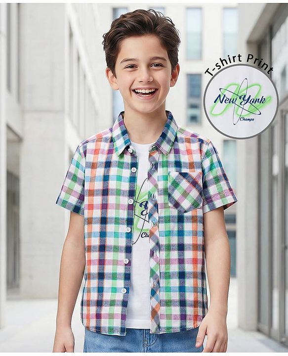 Pine Kids Cotton Woven Half Sleeves Checkered Shirt With T-Shirt - White