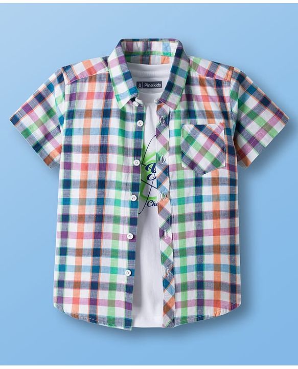 Pine Kids Cotton Woven Half Sleeves Checkered Shirt With T-Shirt - White