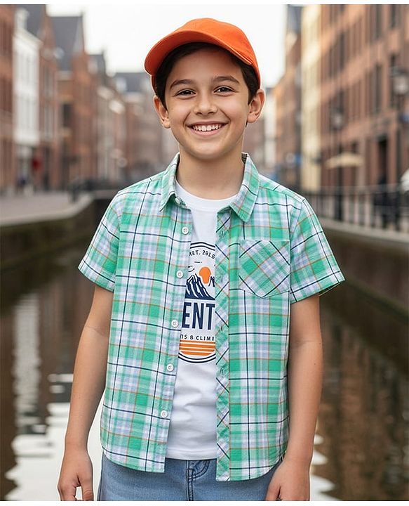 Pine Kids Cotton Woven Half Sleeves Checkered Shirt With T-Shirt - Multicolour