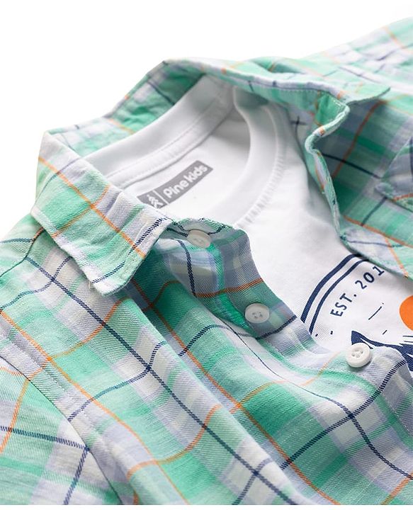 Pine Kids Cotton Woven Half Sleeves Checkered Shirt With T-Shirt - Multicolour