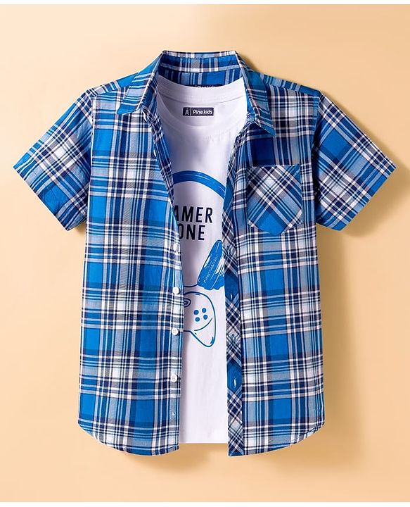 Pine Kids Cotton Woven Half Sleeves Checks Shirt With T-Shirt - Blue