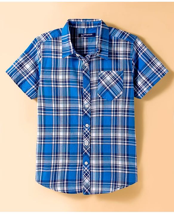 Pine Kids Cotton Woven Half Sleeves Checks Shirt With T-Shirt - Blue