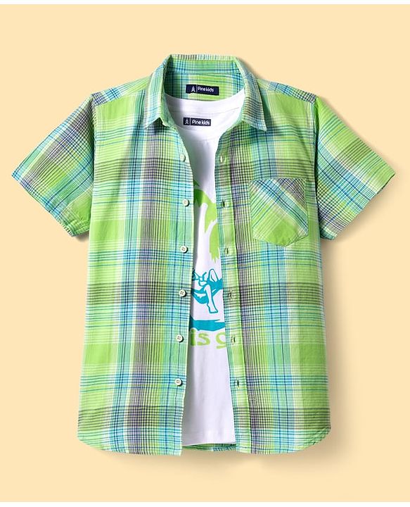 Pine Kids Cotton Woven Half Sleeves Checks Shirt With Text Printed T-Shirt - Green