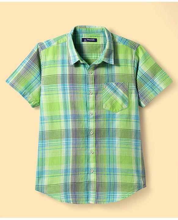 Pine Kids Cotton Woven Half Sleeves Checks Shirt With Text Printed T-Shirt - Green