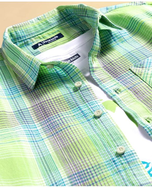Pine Kids Cotton Woven Half Sleeves Checks Shirt With Text Printed T-Shirt - Green