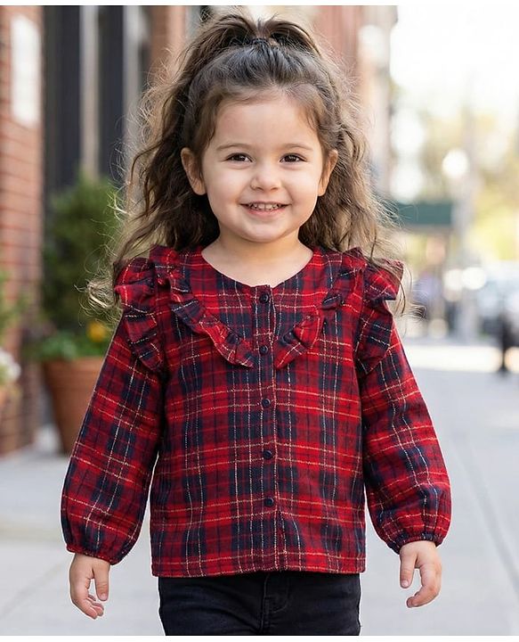 Babyhug Cotton Lurex Woven Full Sleeves Top With Checks & Frill Detailing - Red