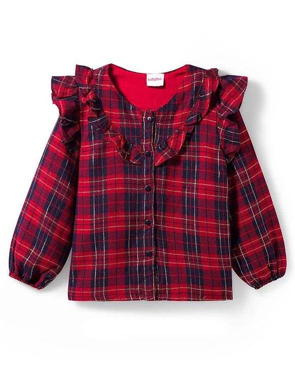 Babyhug Cotton Lurex Woven Full Sleeves Top With Checks & Frill Detailing - Red
