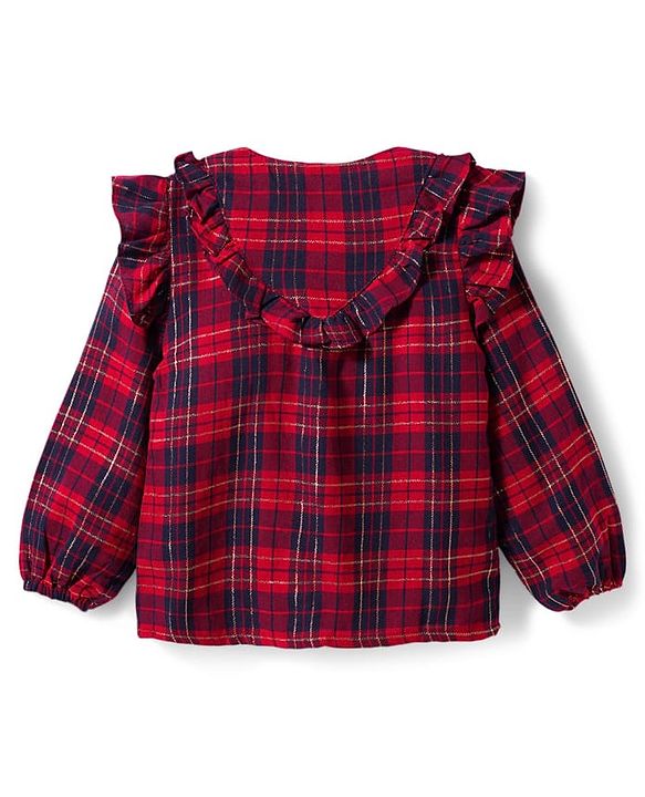 Babyhug Cotton Lurex Woven Full Sleeves Top With Checks & Frill Detailing - Red