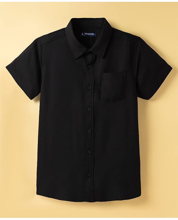 Pine Kids Viscose Woven Half  Sleeves Solid Shirt with Inner Tee - Black