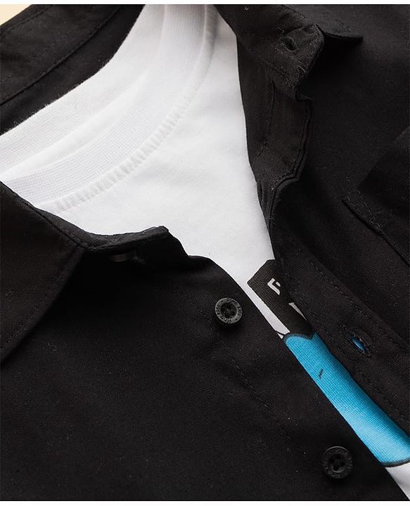 Pine Kids Viscose Woven Half  Sleeves Solid Shirt with Inner Tee - Black