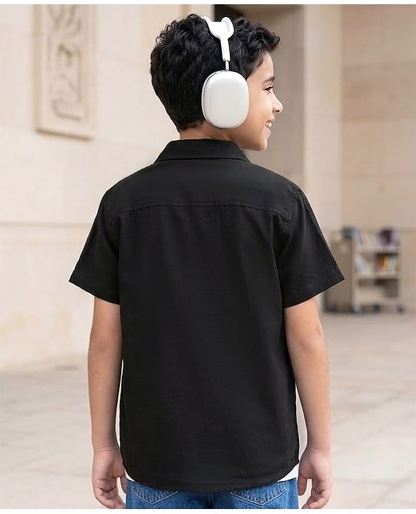 Pine Kids Viscose Woven Half  Sleeves Solid Shirt with Inner Tee - Black