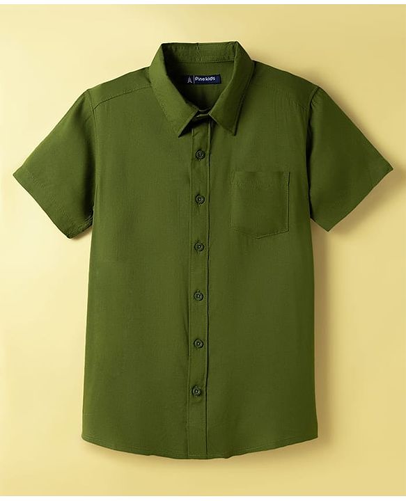 Pine Kids Viscose Woven Half Sleeves Solid Shirt with Inner Tee - Olive Green