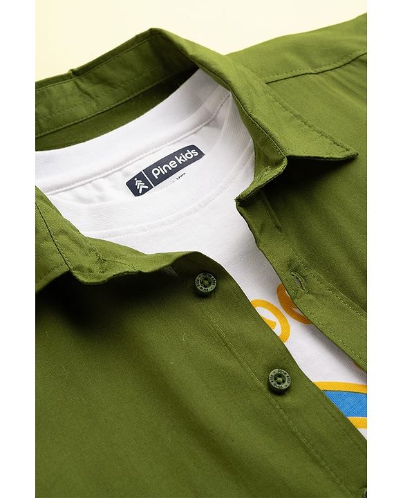 Pine Kids Viscose Woven Half Sleeves Solid Shirt with Inner Tee - Olive Green