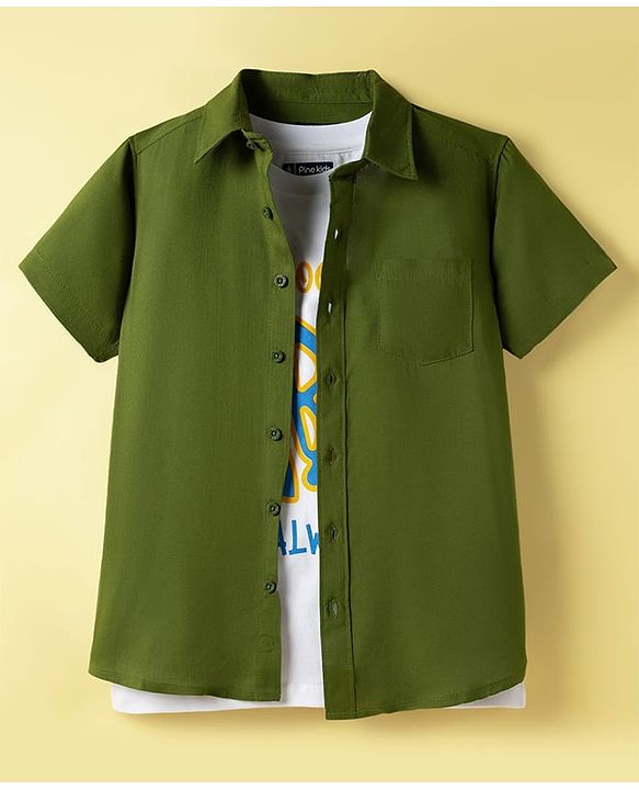 Pine Kids Viscose Woven Half Sleeves Solid Shirt with Inner Tee - Olive Green
