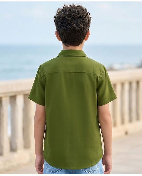 Pine Kids Viscose Woven Half Sleeves Solid Shirt with Inner Tee - Olive Green