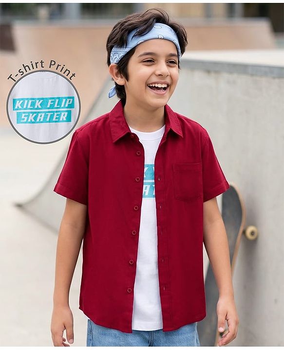 Pine Kids Viscose Woven Half Sleeves Solid Shirt with Inner Tee - Maroon