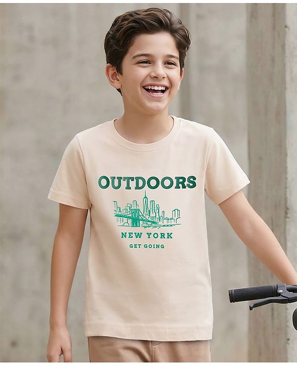 Pine Kids Cotton Knit Half Sleeves T-Shirt With New York Print - Beige