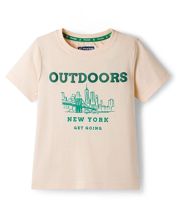Pine Kids Cotton Knit Half Sleeves T-Shirt With New York Print - Beige