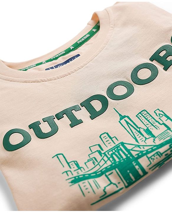 Pine Kids Cotton Knit Half Sleeves T-Shirt With New York Print - Beige