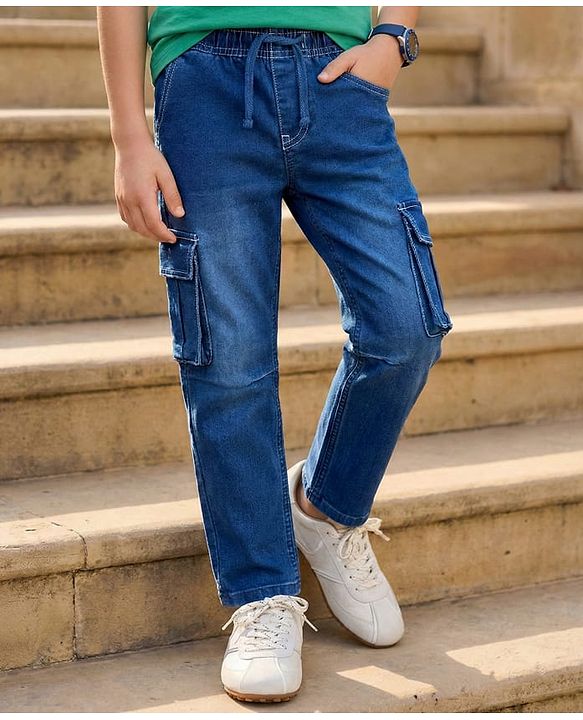 Pine Kids Denim Woven Full Length Washed Jeans With Cargo Pockets - Navy Blue