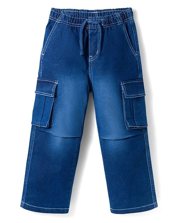 Pine Kids Denim Woven Full Length Washed Jeans With Cargo Pockets - Navy Blue