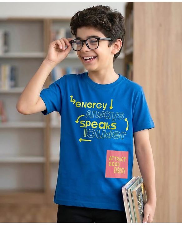 Pine Kids Cotton Knit Half Sleeves T-Shirt with Text Print - Blue