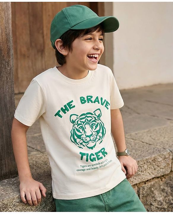 Pine Kids Cotton Knit Half Sleeves T-Shirt With Tiger Print - White
