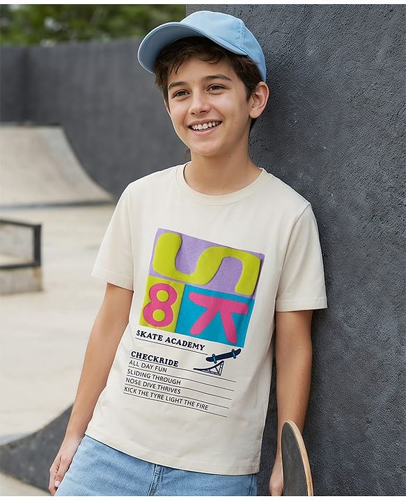 Pine Kids Cotton Knit Half Sleeves T-Shirt With Text Print - White