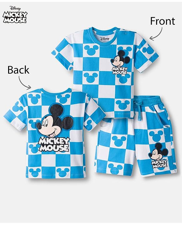 Babyhug Disney Single Jersey Knit Drop Shoulder Half Sleeves Oversized T-Shirt & Shorts Co-ord Set With Mickey Mouse Front & Back Print - Blue & White