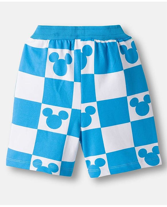 Babyhug Disney Single Jersey Knit Drop Shoulder Half Sleeves Oversized T-Shirt & Shorts Co-ord Set With Mickey Mouse Front & Back Print - Blue & White