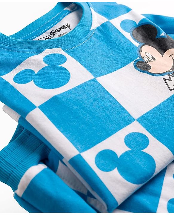 Babyhug Disney Single Jersey Knit Drop Shoulder Half Sleeves Oversized T-Shirt & Shorts Co-ord Set With Mickey Mouse Front & Back Print - Blue & White