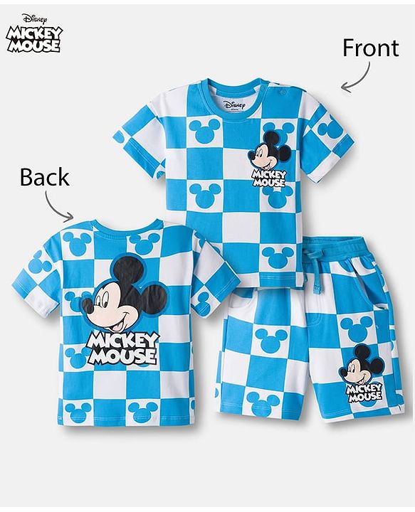 Babyhug Disney Single Jersey Knit Drop Shoulder Half Sleeves Oversized T-Shirt & Shorts Co-ord Set With Mickey Mouse Front & Back Print - Blue & White