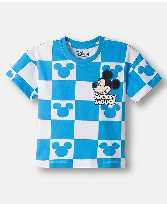 Babyhug Disney Single Jersey Knit Drop Shoulder Half Sleeves Oversized T-Shirt & Shorts Co-ord Set With Mickey Mouse Front & Back Print - Blue & White