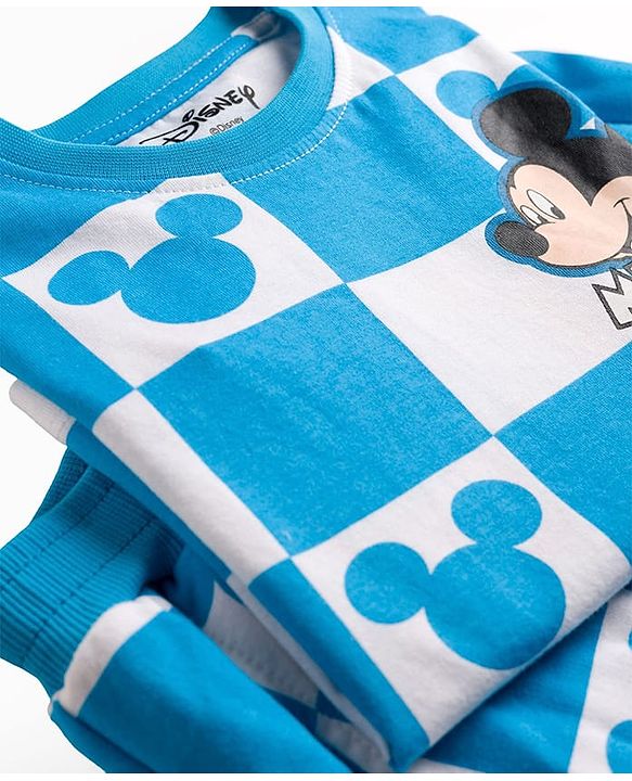 Babyhug Disney Single Jersey Knit Drop Shoulder Half Sleeves Oversized T-Shirt & Shorts Co-ord Set With Mickey Mouse Front & Back Print - Blue & White