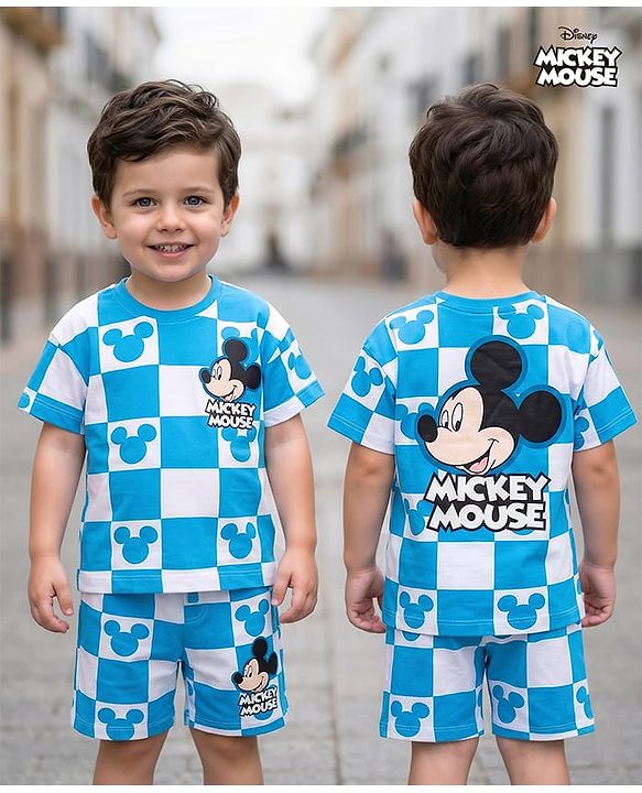 Babyhug Disney Single Jersey Knit Drop Shoulder Half Sleeves Oversized T-Shirt & Shorts Co-ord Set With Mickey Mouse Front & Back Print - Blue & White