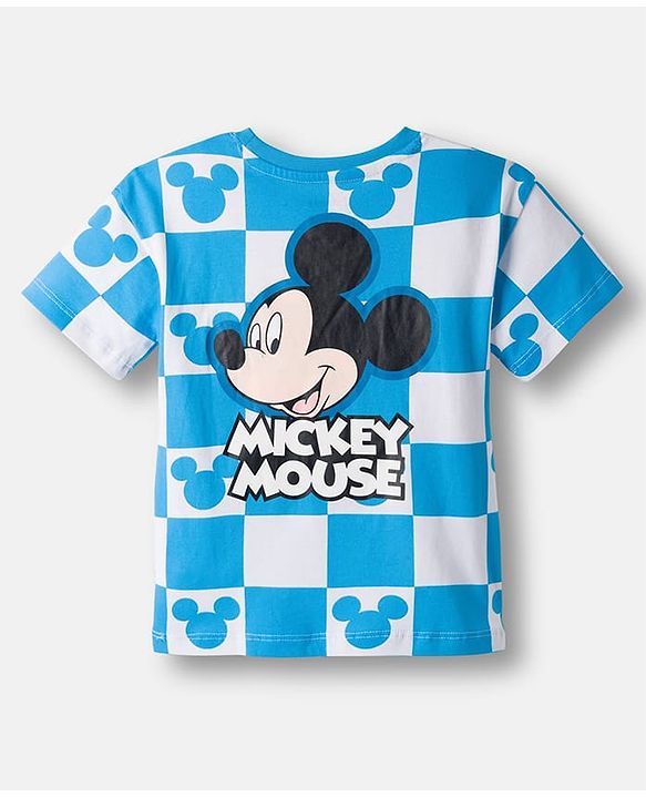 Babyhug Disney Single Jersey Knit Drop Shoulder Half Sleeves Oversized T-Shirt & Shorts Co-ord Set With Mickey Mouse Front & Back Print - Blue & White