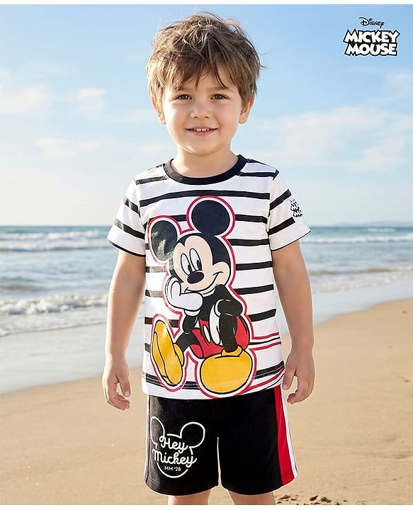 Babyhug Disney Single Jersey Knit Half Sleeve T-Shirt & Shorts Set with Mickey Mouse Graphic - Black & White