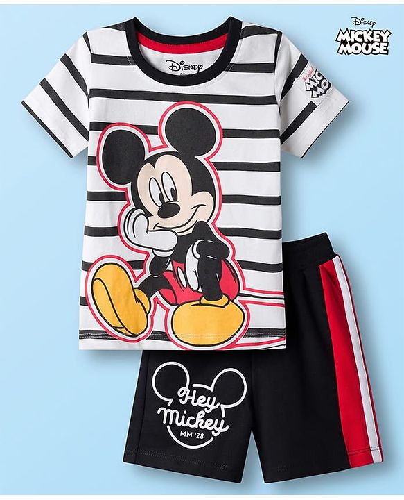Babyhug Disney Single Jersey Knit Half Sleeve T-Shirt & Shorts Set with Mickey Mouse Graphic - Black & White