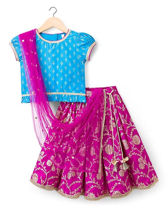Babyhug Woven Half Puffed Sleeves Choli Lehenga Set with Dupatta & Floral Foil Print - Purple