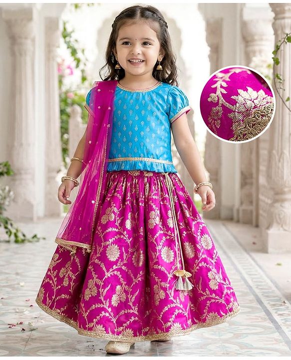 Babyhug Woven Half Puffed Sleeves Choli Lehenga Set with Dupatta & Floral Foil Print - Purple