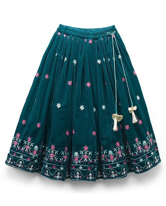 Babyhug Woven Half Puffed Sleeves Choli Lehenga Set with Dupatta & Floral Embroidery - Teal Blue
