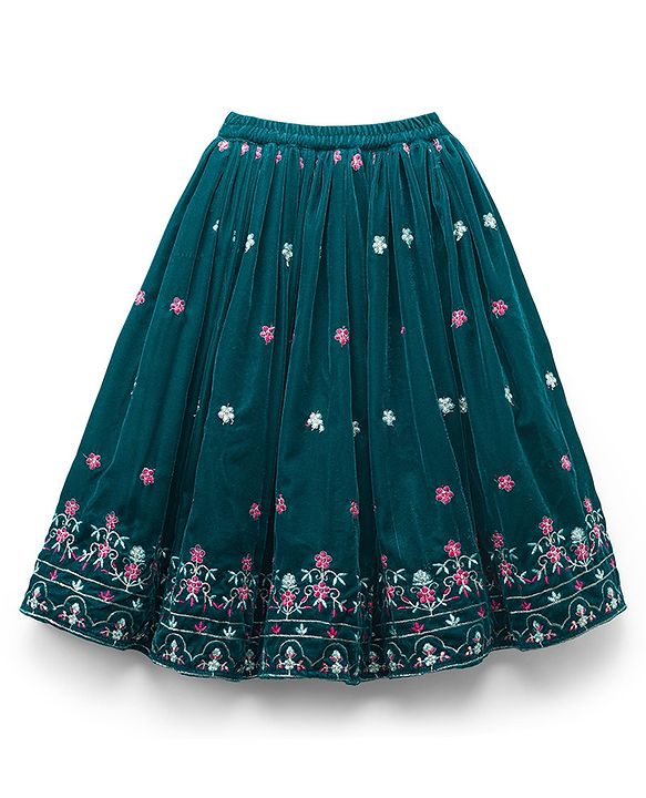 Babyhug Woven Half Puffed Sleeves Choli Lehenga Set with Dupatta & Floral Embroidery - Teal Blue