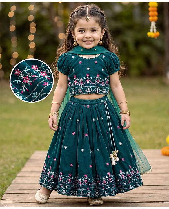 Babyhug Woven Half Puffed Sleeves Choli Lehenga Set with Dupatta & Floral Embroidery - Teal Blue