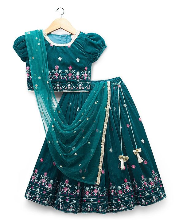 Babyhug Woven Half Puffed Sleeves Choli Lehenga Set with Dupatta & Floral Embroidery - Teal Blue