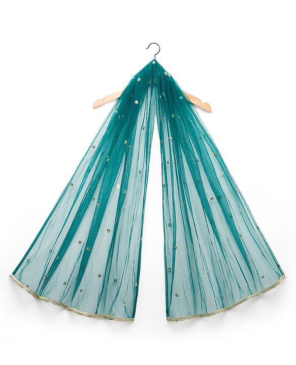Babyhug Woven Half Puffed Sleeves Choli Lehenga Set with Dupatta & Floral Embroidery - Teal Blue