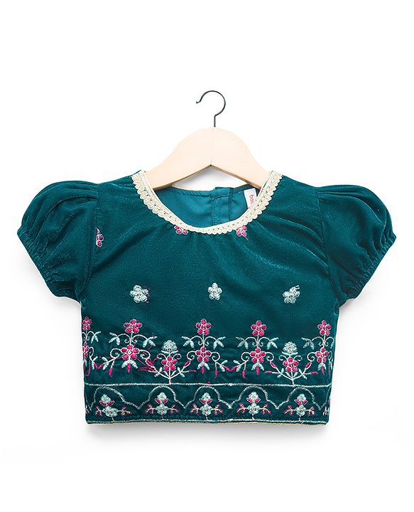 Babyhug Woven Half Puffed Sleeves Choli Lehenga Set with Dupatta & Floral Embroidery - Teal Blue