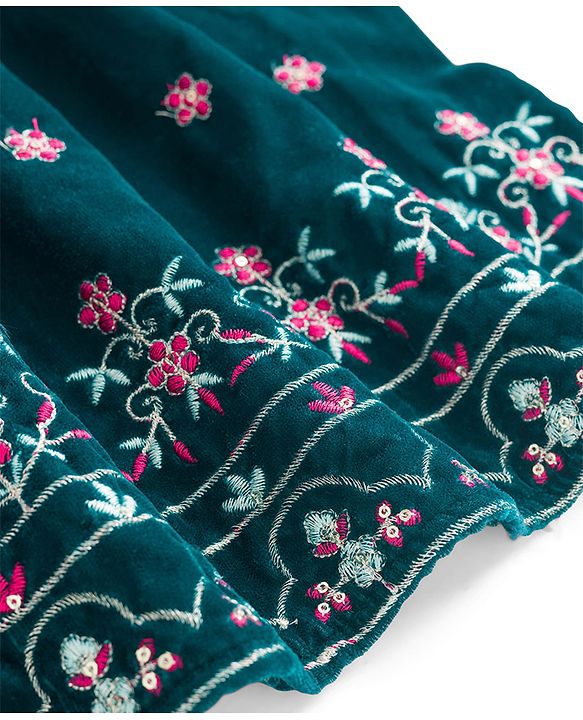 Babyhug Woven Half Puffed Sleeves Choli Lehenga Set with Dupatta & Floral Embroidery - Teal Blue