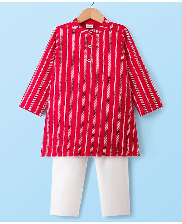 Babyhug Woven Full Sleeves Kurta Pyjama Set With Embroidery & Sequin Detailing - Red
