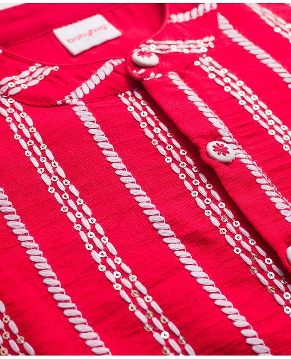 Babyhug Woven Full Sleeves Kurta Pyjama Set With Embroidery & Sequin Detailing - Red