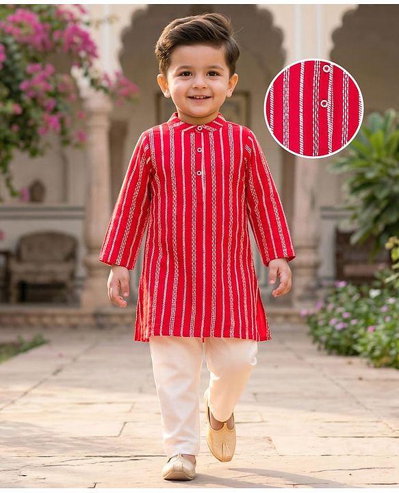 Babyhug Woven Full Sleeves Kurta Pyjama Set With Embroidery & Sequin Detailing - Red